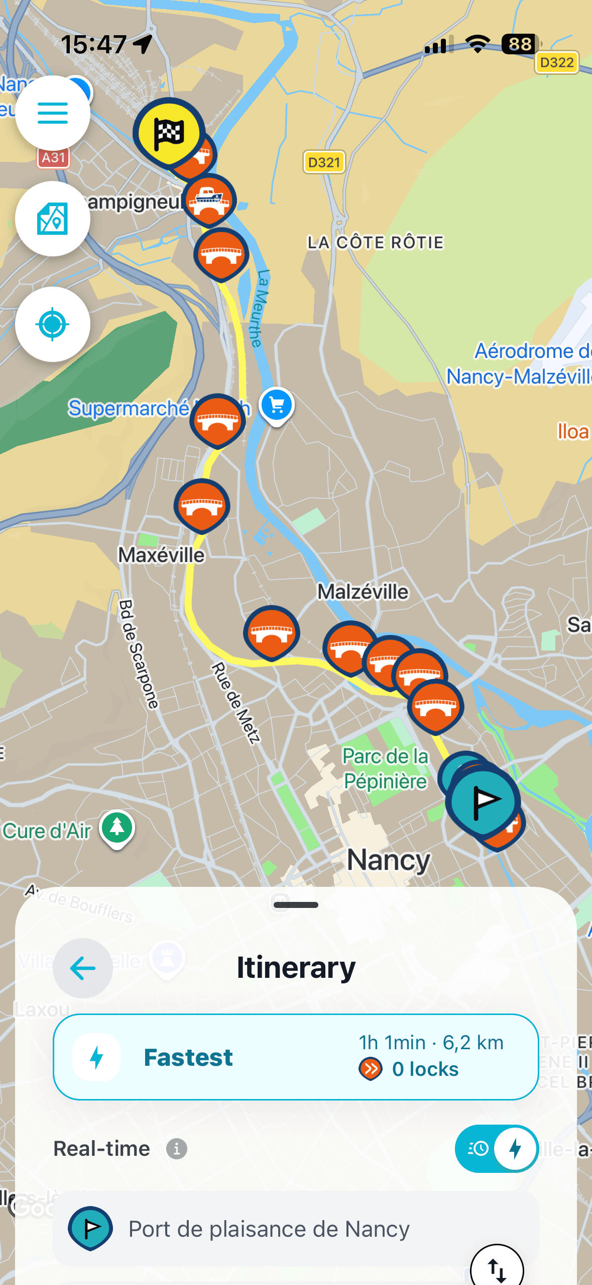 Fluvigo itinerary screen showing a planned route through Nancy with waterway markers and travel details.