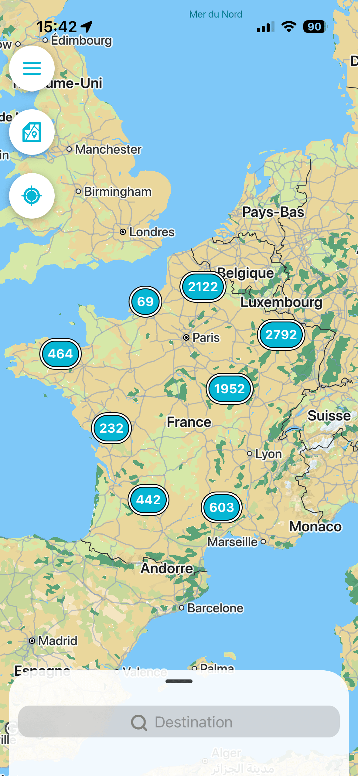 Fluvigo map overview showing inland waterway destinations across France and nearby countries.