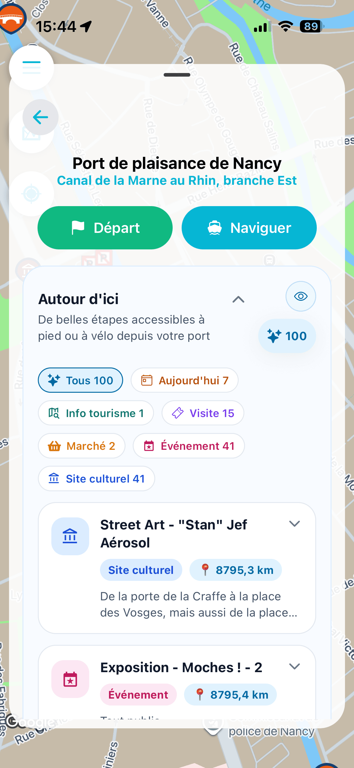 Fluvigo port details screen for Port de plaisance de Nancy with nearby activities and category filters.