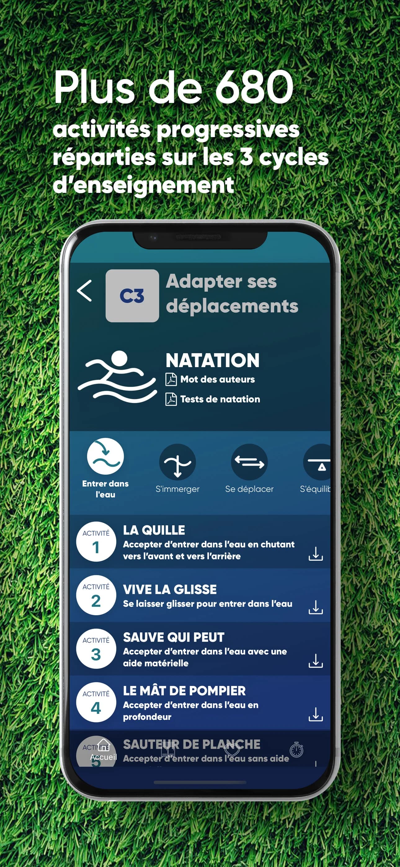 Accès EPS swimming activity list with progressive exercises for cycle 3 students.