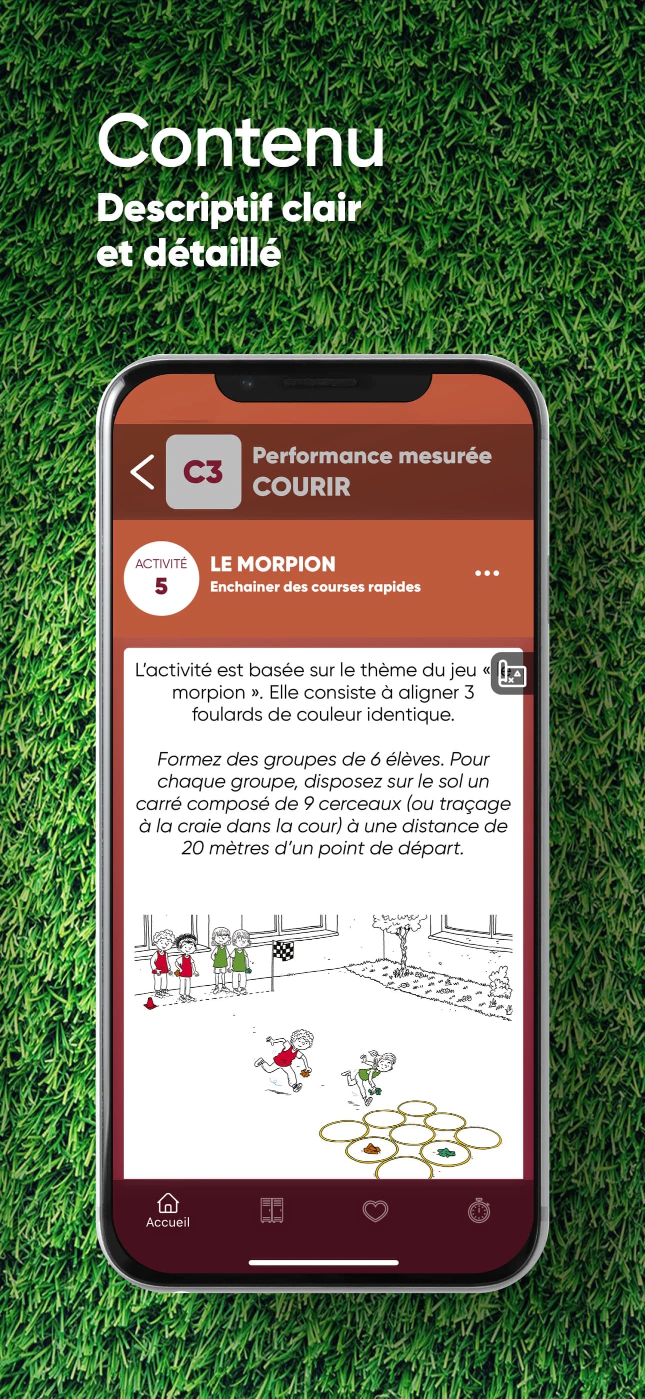 Accès EPS activity detail screen with instructions and an illustrated running exercise.