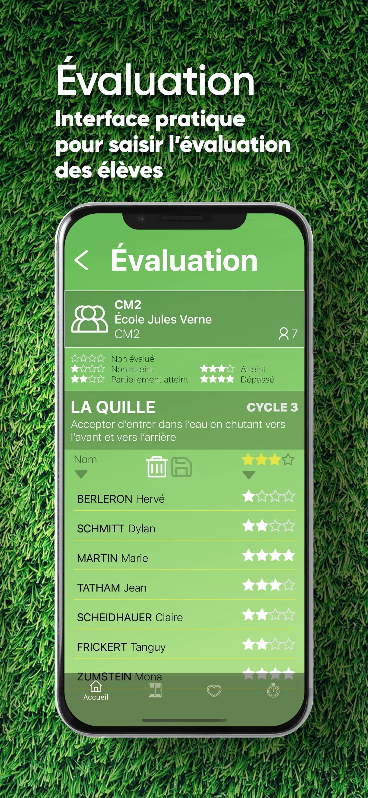 Accès EPS evaluation screen for recording student achievement with star ratings.