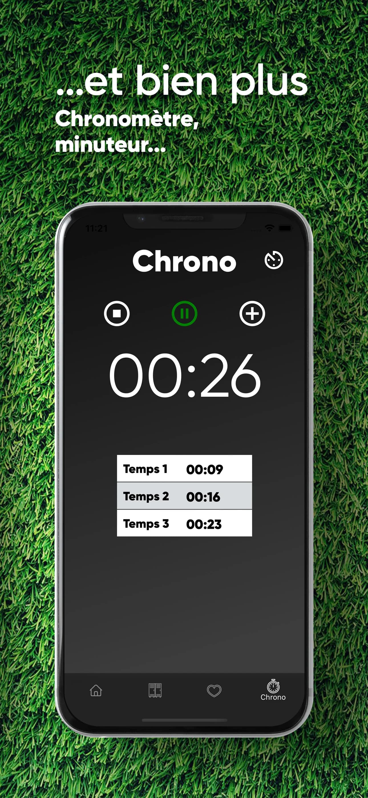 Accès EPS stopwatch screen showing lap times in the Chrono tool.